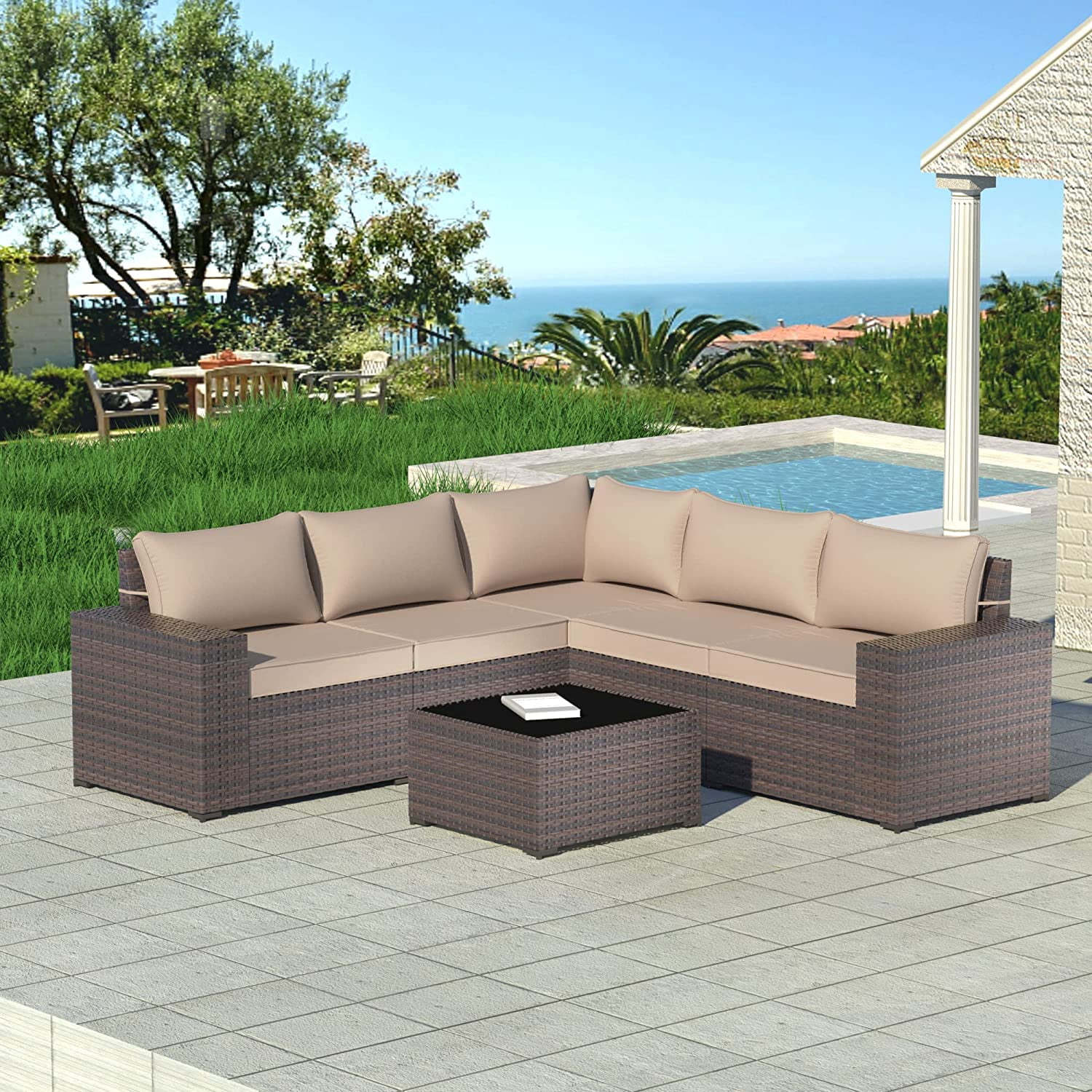Kullavik 6 Pieces Patio Furniture Sets All Weather Outdoor Sectional Sofa Manual Weaving Wicker Rattan Patio Conversation Set with Cushion and Glass Table (Sand)