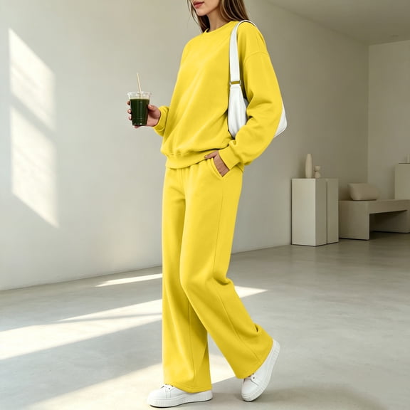 Sweatsuits Women 2 Piece Outfit Fall Fashion Crewneck Sweatshirts Wide Leg Pant Track Suits Lounge Sweat Sets Yellow 2XL