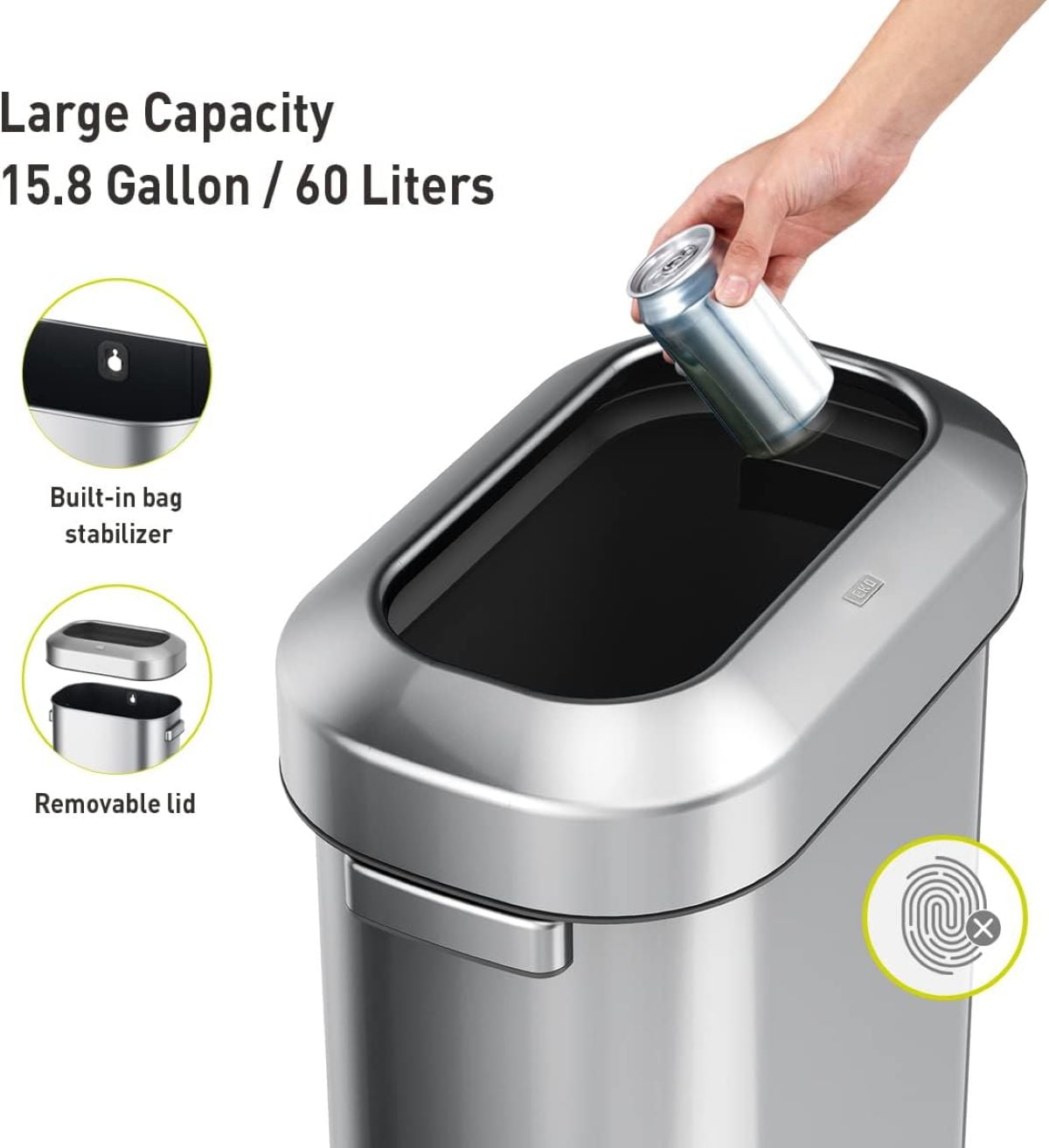 EKO Urban Slim 15.8 Gallon Commercial Trash Can, Brushed Stainless Steel Open Top Garbage Can