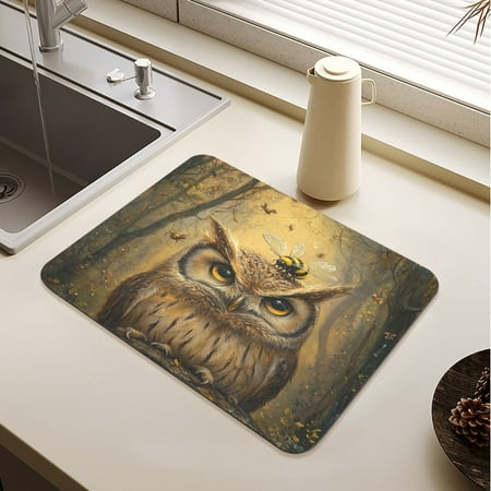

An Owl with Bumblebee Pattern Drying Mat Diatomaceous Earth Super Absorbent Non-slip Rubber Sole Heat Resistant 230 Degrees Fahrenheit 19.7×15.7in