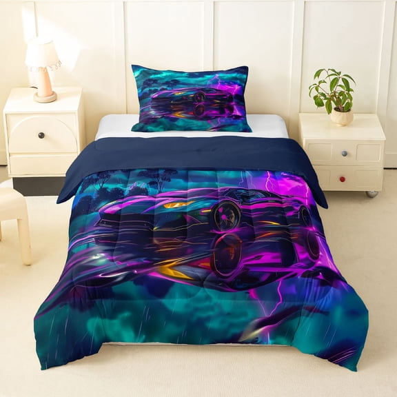 Manfei Speed Car Twin Comforter Sets,Stormy Sky Bedding Set,Purple,Navy Blue Reversible,2-Piece,1 Comforter and 1 Pillowcase
