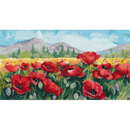 UPC: 4680021530746 | Cross Stitch Kit Field Of Red Flowers Field of Poppies Cross Stitch Pattern On Aida 16 Count Canvas Cross Stitch By Oven 1190