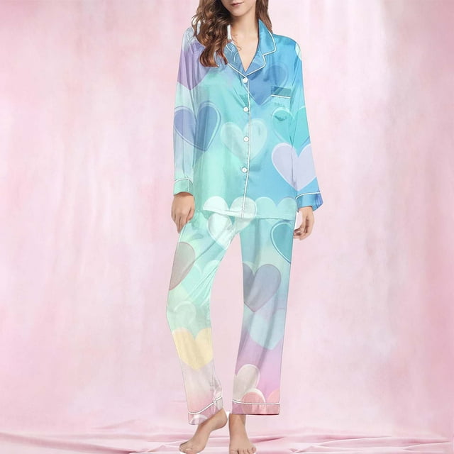 TaTaai Women's Printed Lapel Pajama Set, Long Sleeve Casual Top and Pants, Two Piece Loungewear, Valentine's Day Sleepwear Gift