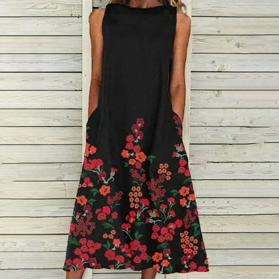 LoyisViDion Women Plus Size Dress Clearance Women Fashion Loose Sleeveless Pocket Long Dress O-Neck Print Retro Dress Black 8(S)