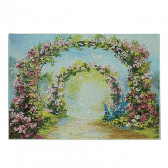 Country Cutting Board, Colorful Floral Arch in the Summer Park Romantic Feminine Boho Paint Style Print, Decorative Tempered Glass Cutting and Serving Board, Small Size, Multicolor, by Ambesonne