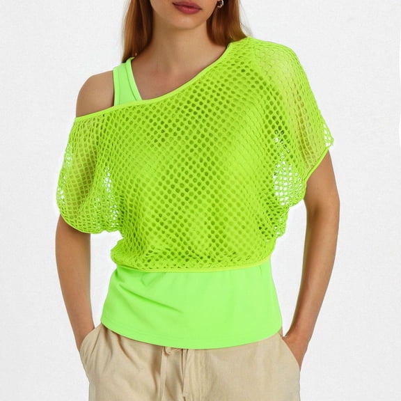 Womens Athletic Tops Women 80s Neon Fishnet Mesh Top for Women Off Shoulder T Shirt T Shirt Breathable Casual Tee Summer Vibe Green XL