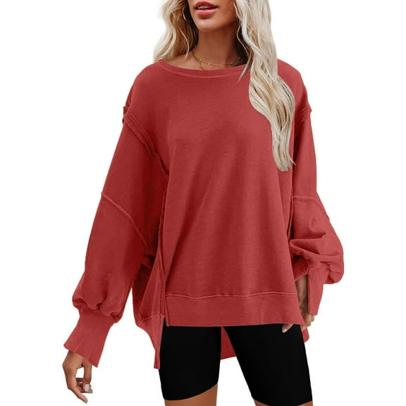 Red Womens Fall Tops Womens Oversized Crewneck Solid Color Sweatshirt Side Slit Long Sleeve Pullover Slouchy Fit Tops Sweaters for Women
