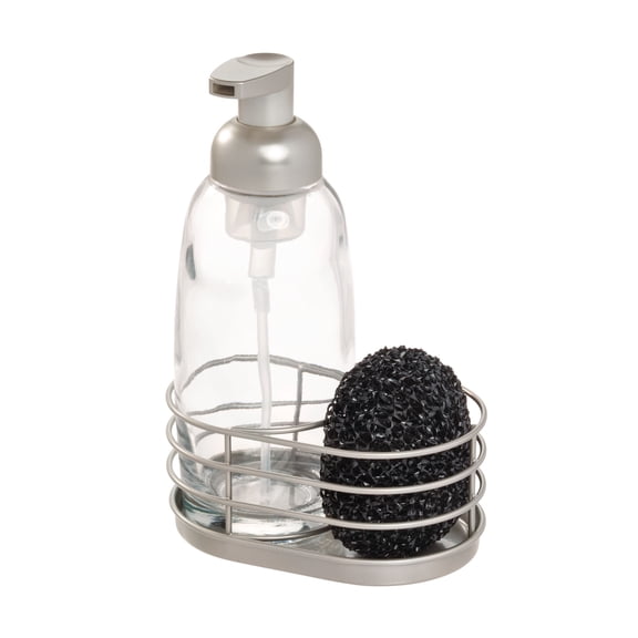 Mainstays Glass Foaming Soap Dispenser with Metal Sponge Caddy, Kitchen Sink Organizer for Dish Soap, Sponge and Cleaning Supplies, Clear, 5" x 3.5" x 7.9"