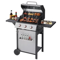 CIG GARDEN 3-Burner Propane Gas Grill,Outdoor Barbecue with 2 Foldable Side Tables,Double-Layer Stainless Steel Lid with Cast Iron Grates