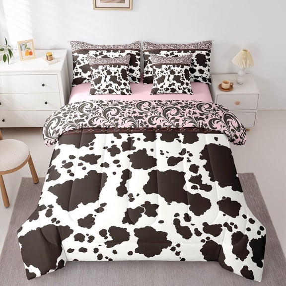 Homewish Bohemian Farm Animals Print 7-Piece Twin Bedding,Vintage Paisley Bedding Comforter Set,Pink,Pink Reversible