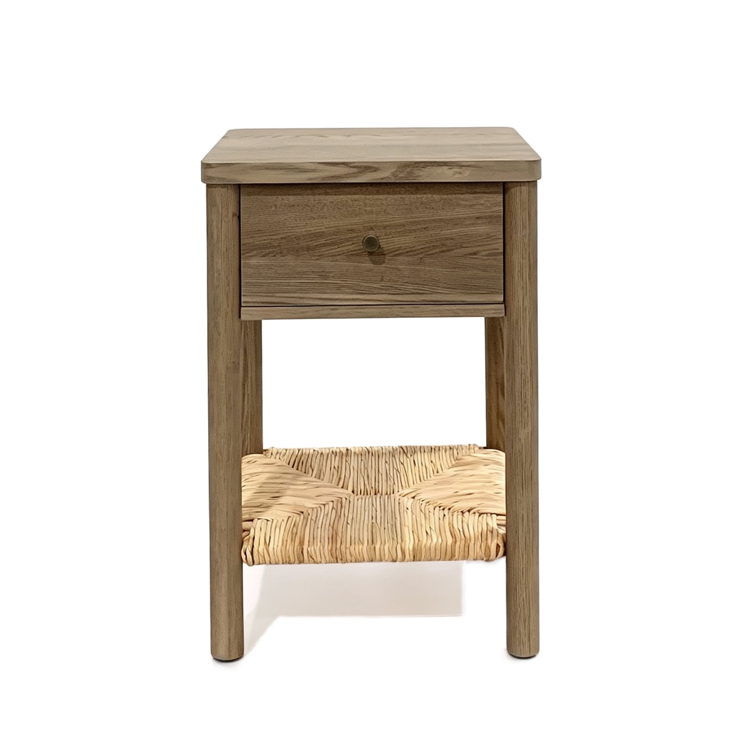 Nightstand Side Table 15.75 Inch, Solid Wood Round Legs with Woven Jute Storage Shelf and Drawer for Bedroom Living Room, Antique Grey