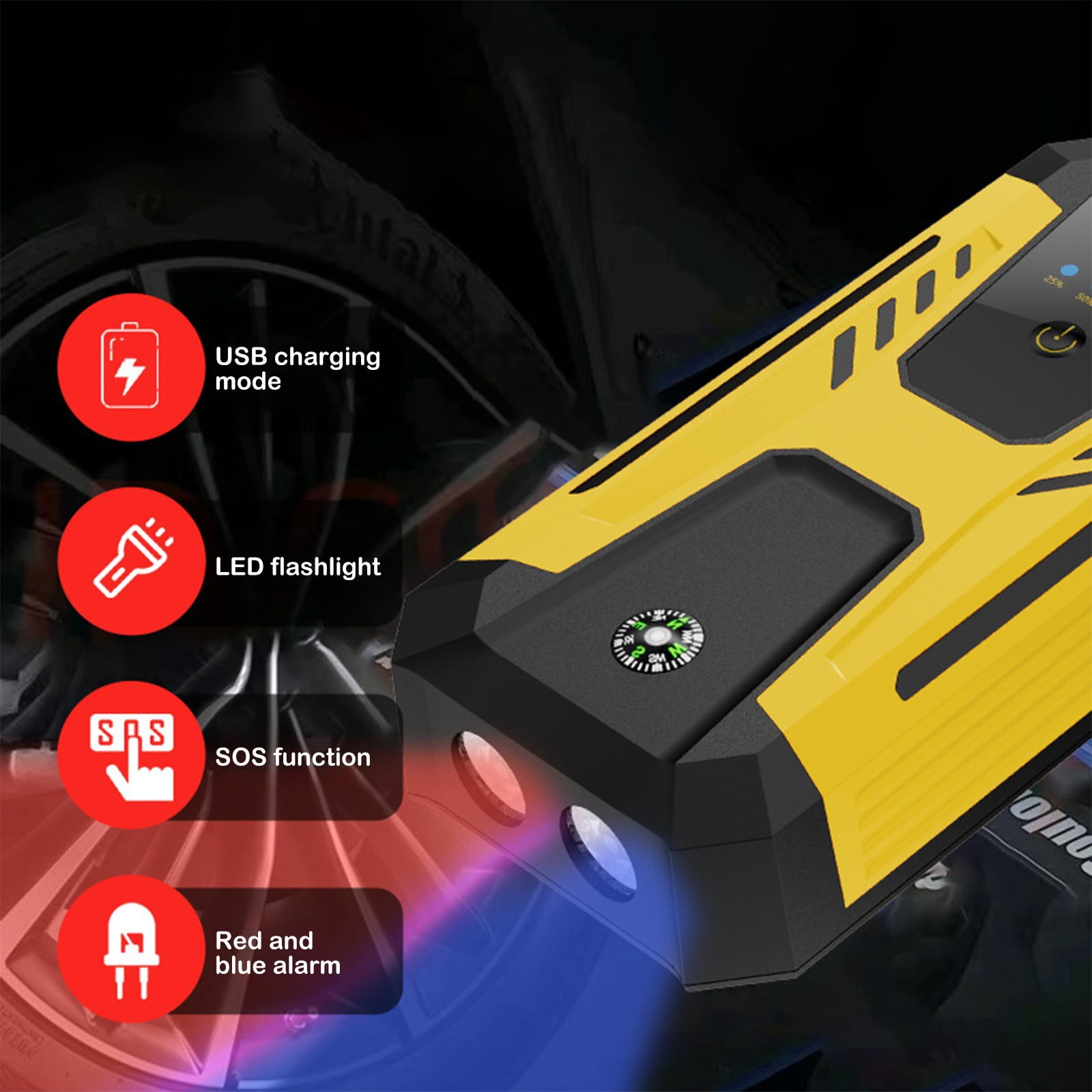 ddioayh Car Jump Starter 22200mAh Portable Power Bank with Waterproof Design, 12V Emergency Car Battery Booster for Outdoor Use, Yellow Car Power Kit (18x8.5x4.2cm)