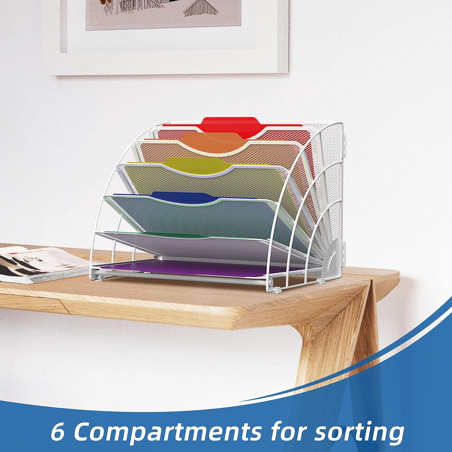 INTIGE 6 Compartment File Organizer, Fan Shaped Desktop Organizer for Files, Folders,White, 1 Piece