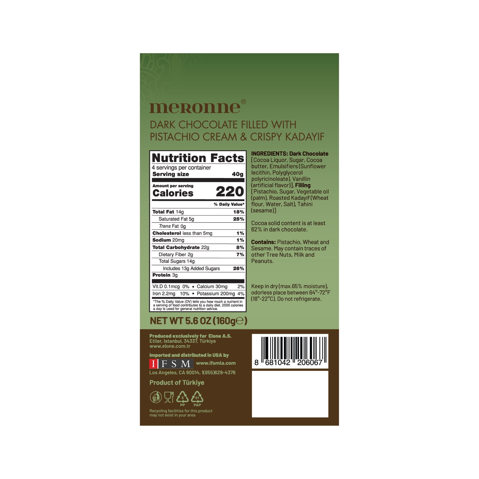 Meronne Dubai Chocolate Bar 5.64oz - Dark Chocolate with Pistachio Cream  Crispy Kadayif