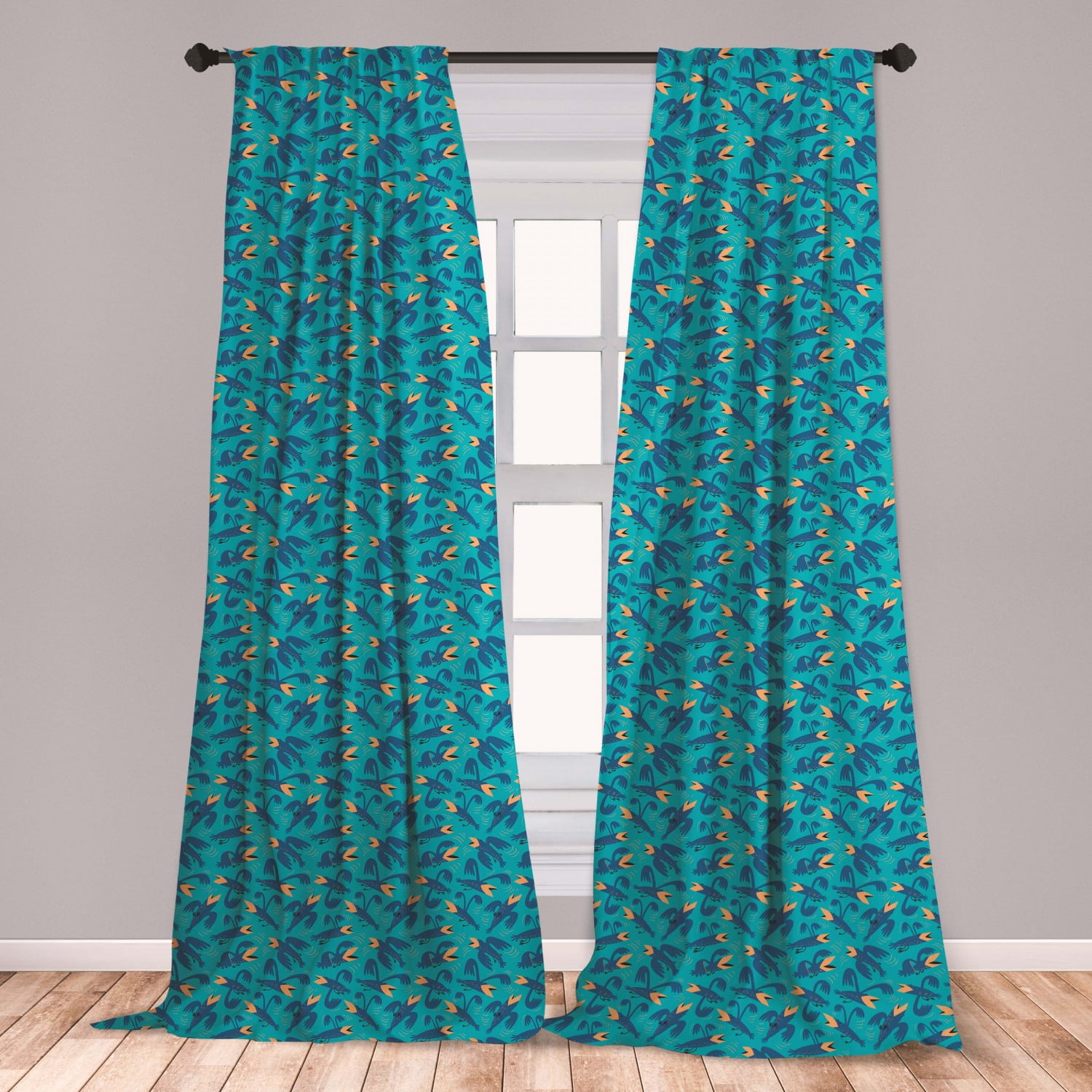 Bird Curtains 2 Panels Set, Pattern of Surreal Whimsical Flying Animals