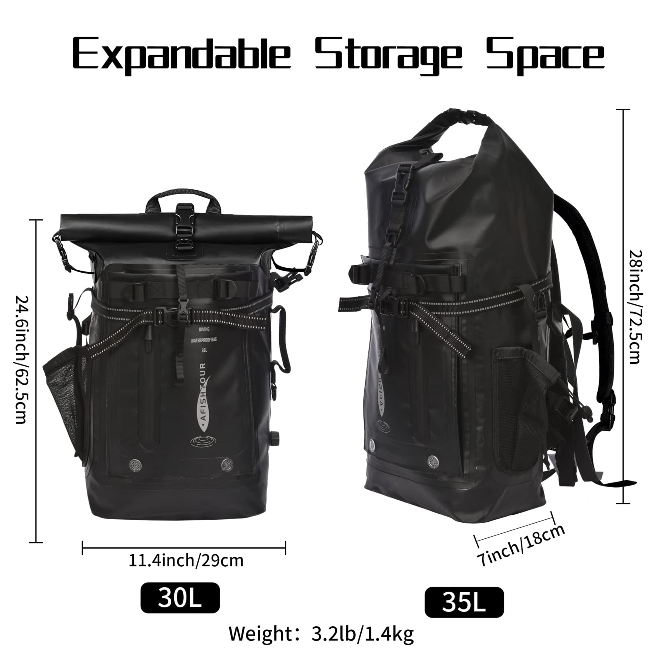 AFISHTOUR Dry Bag Waterproof Backpack, 35L Heavy Duty Roll Top Floating Dry Backpack for Kayaking, Hiking, Camping, Travel (Black)