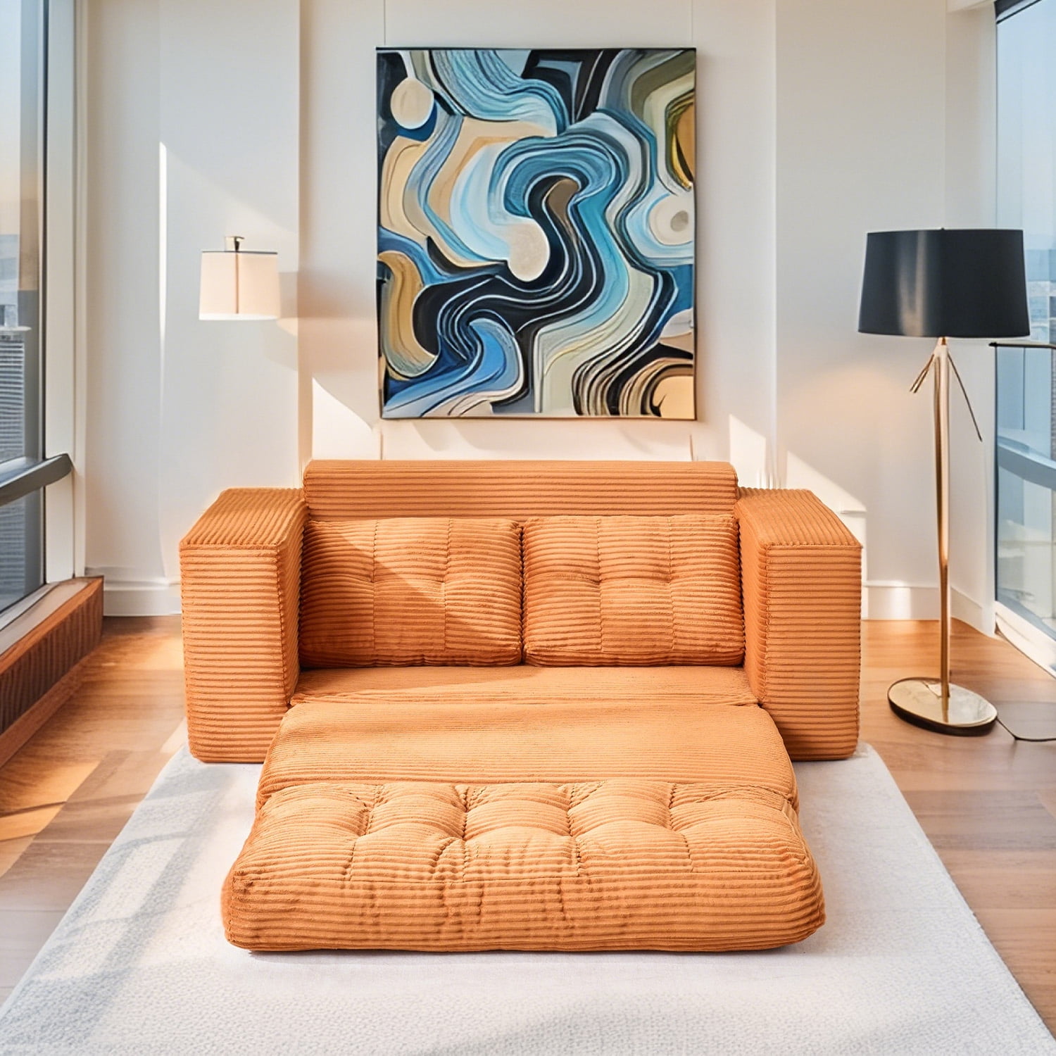 Leumius Futon Sofa Bed,2-in-1 Folding Sofa Bed with Memory Foam & Steel Frame,Corduroy Fabric Boneless Floor Sofa for Small Spaces, Apartments, Home Office & Bedroom,Orange