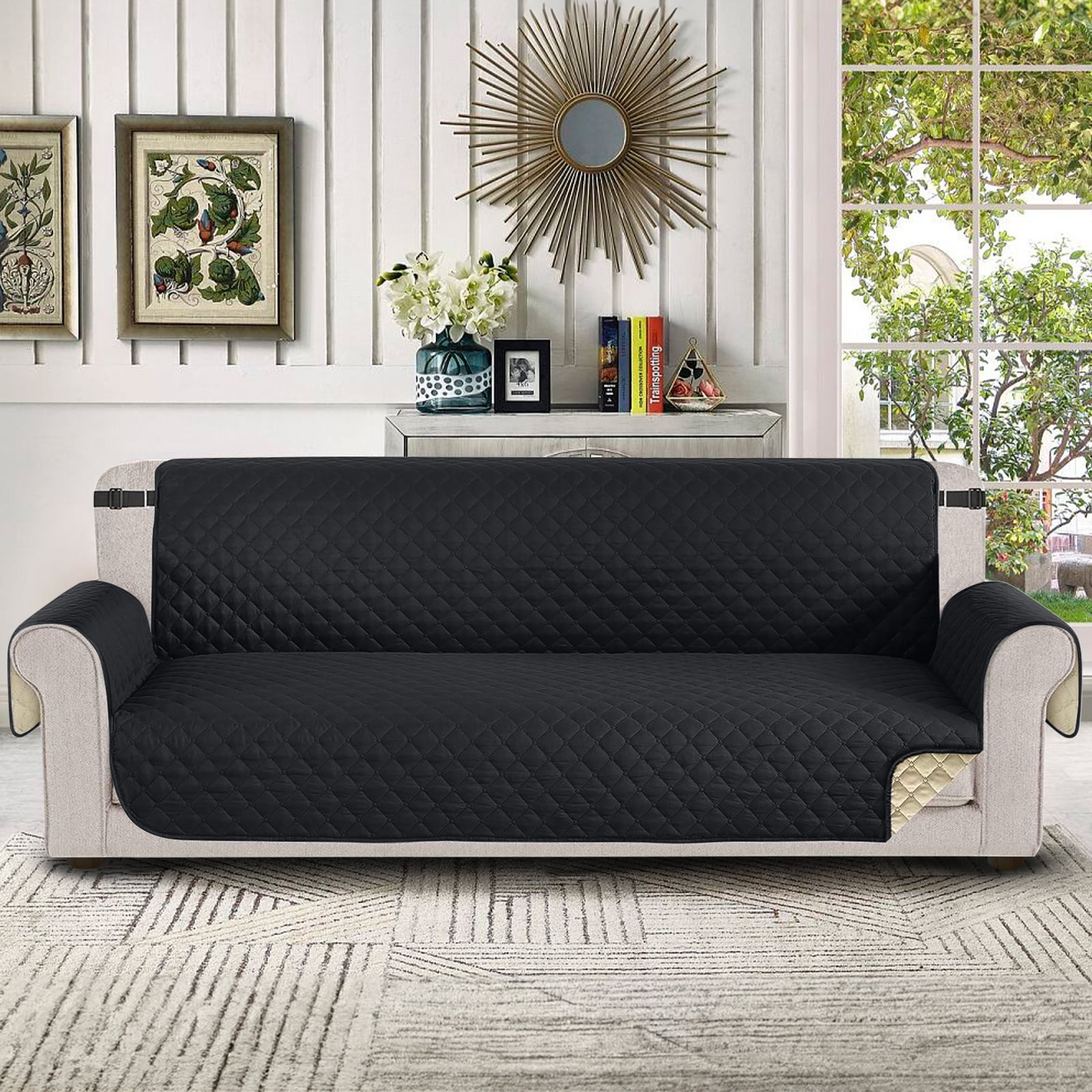 Sanmadrola 100% Waterproof Sofa Cover Non Slip Couch Cover Machine Washable Slipcover Leakproof Furniture Protector for Dogs Kids Pets, Black, Oversized Sofa