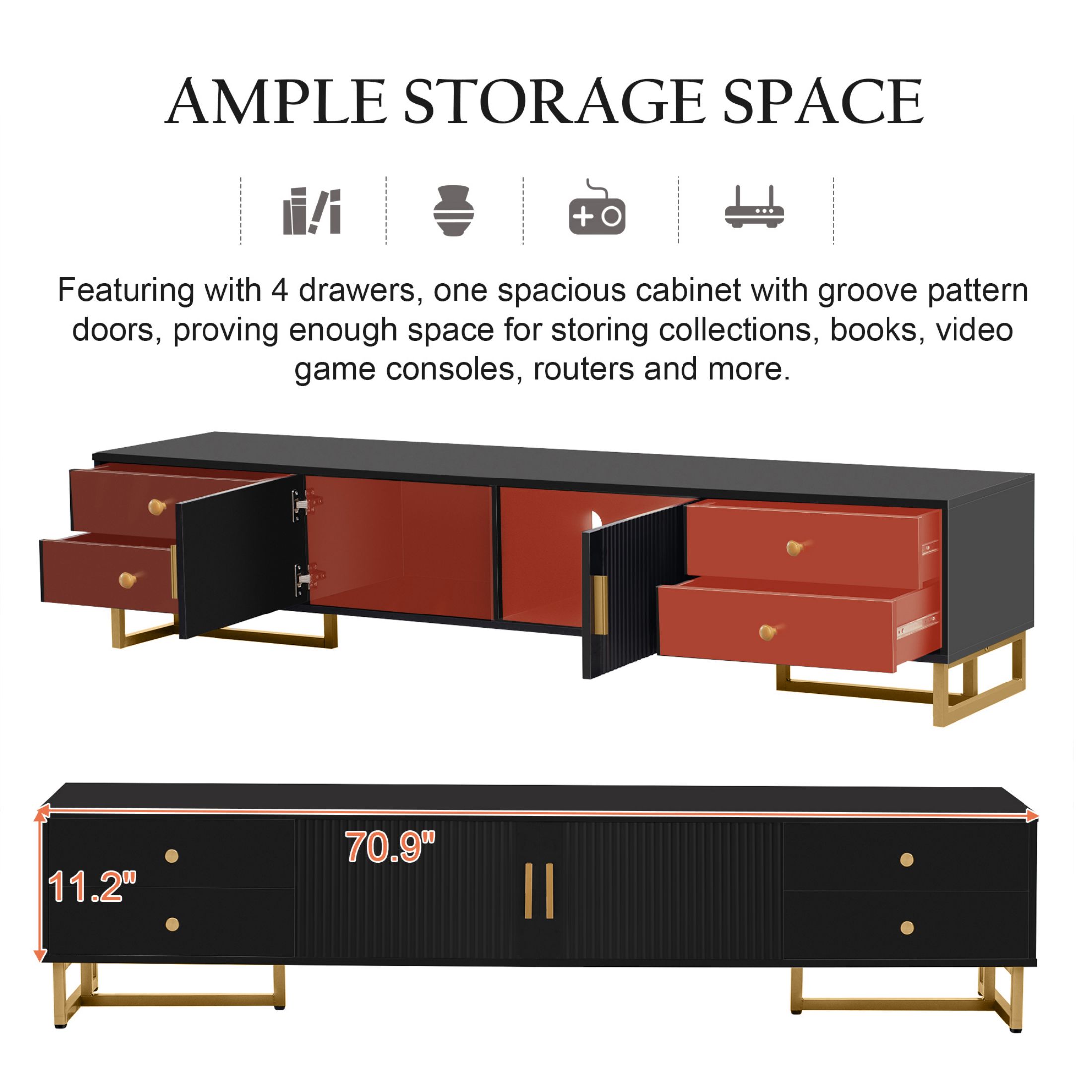 DEALTOPS Stylish TV Stand with 4 Drawers, Spacious Media Console with Metal Legs for TVs Up to 75'', Black