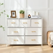 Bigroof 7 Drawer Fabric Dresser Accent White Dresser for Bedroom Chest Storage Organizer with Marbled WoodBoard and Artificial Leather for Living Room, Hallway, Entryway, Closet