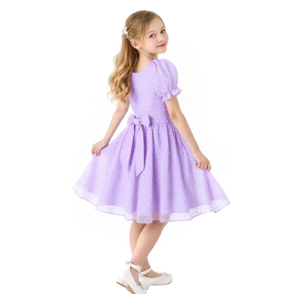 HILEELANG Girls Lavender Swiss Dot Puff Sleeve Polyester Dress 8-9Y Big Girls