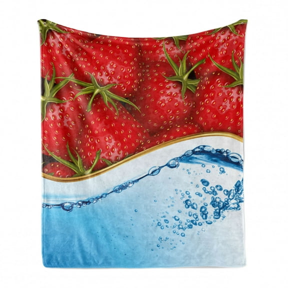 Strawberry Soft Flannel Fleece Throw Blanket, Close up Realistic Summer Fruit on Water Image, Cozy Plush for Indoor and Outdoor Use, 60" x 80", Baby Blue Dark Coral, by Ambesonne