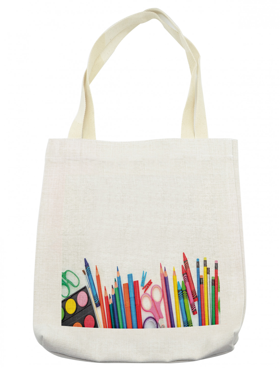 Colorful Tote Bag, School Supplies Elementary School Children Image on Plain Background, Cloth
