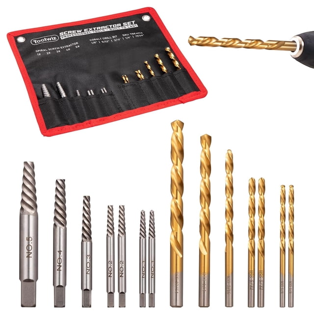 14pcs Easy Out Bolt Extractor Kit with Canvas Bag, HSS Left Handed Drill Bit Set and Broken Screw Extractor Set for Removing Stripped Screws, Broken Bolts, Damaged Nuts Easy Outs