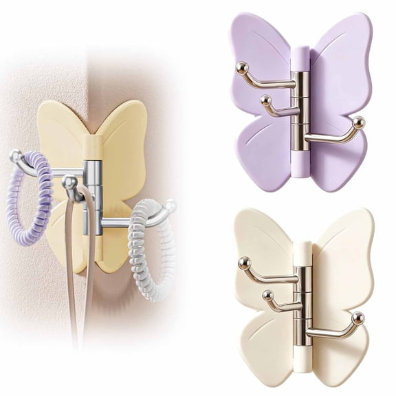 2 Pack Rotating Butterfly Adhesive Wall Hooks, No Drill 270° Swivel 3-Prong Hangers with Adjustable Wings, Heavy Duty Stick-on Hooks for Corners, Bathroom, Kitchen (2 Pack)