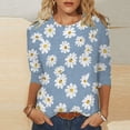 thumbnail image 2 of Women Summer Tops Womens Dressy Tops 3/ 4 Length Sleeve Summer Crew Neck Tshirts Flower Printing Loose Casual Blouses Fashion Flannels Women Boyfriend Style Womens Athletic Shirts Long Blue 2XL, 2 of 5