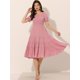 thumbnail image 3 of Vestido escalonado fruncido para mujer, cuello redondo, manga farol elástica, vestido informal de línea A Rosa L, 3 of 6