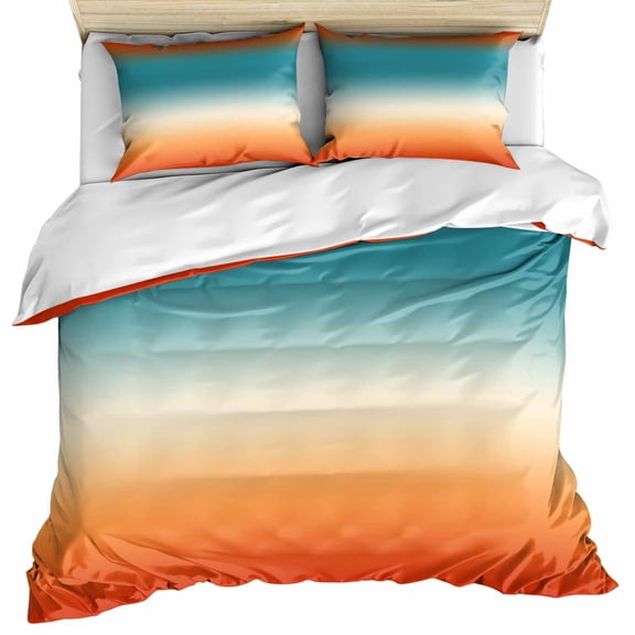 Teal Burnt Orange Ombre Bedding 3 Piece Duvet Cover Set Full Size, Contemporary Gradient Abstract Art Microfiber Comforter Cover with Zipper Closure & Pillowcases, Wrinkle & FadeResistant Quilt Cover