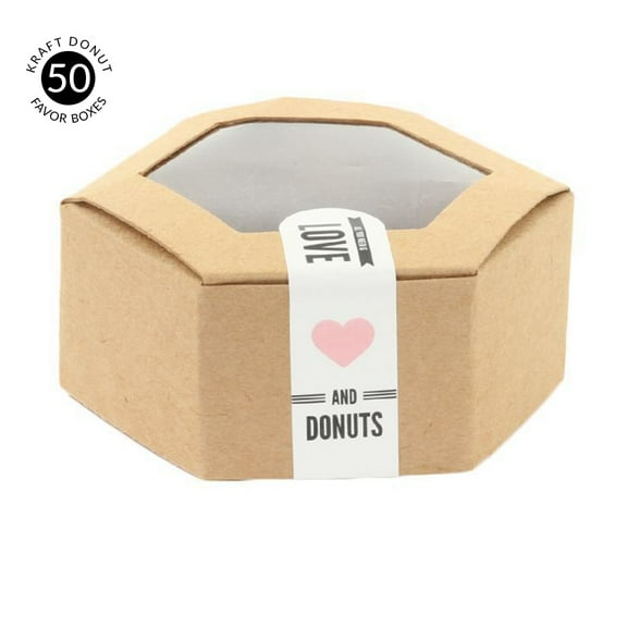 Koyal Wholesale Geometric Tuck Box Bavor Box Hexagon Donut Kraft Favor Boxes with Donut Sticker Labels, 50-Pack