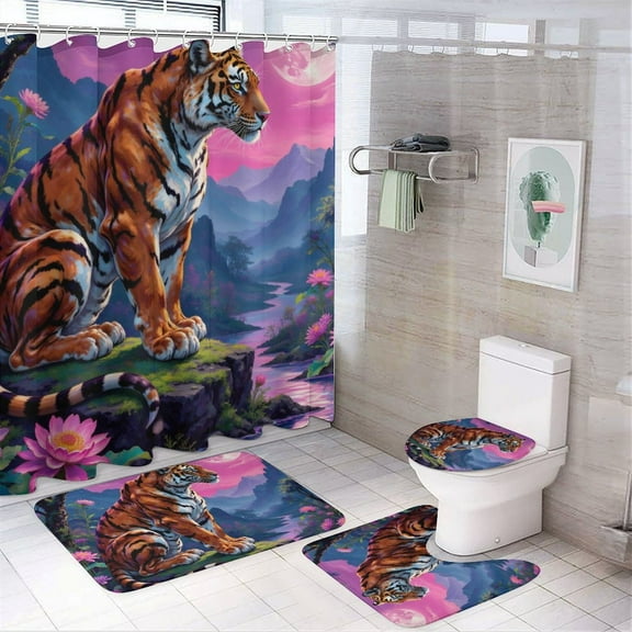 Tiger Print Shower Curtain Set 4-Set Jungle Animal Theme Bathroom Decor Set Includes Floor Mat ,Toilet Cover Mat ,U-Mat ,Shower Curtain with 12 Hooks,72inx72in