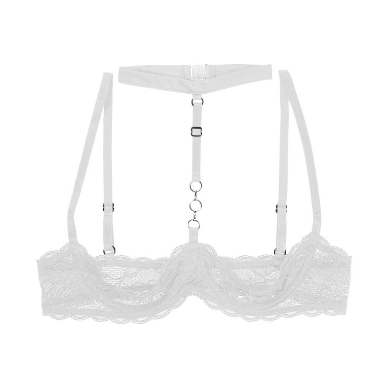 CHICTRY Womens Sheer Lace 1/4 Cups Bra Tops Open Cups Underwire Push Up  Brassiere Lingerie White XL 