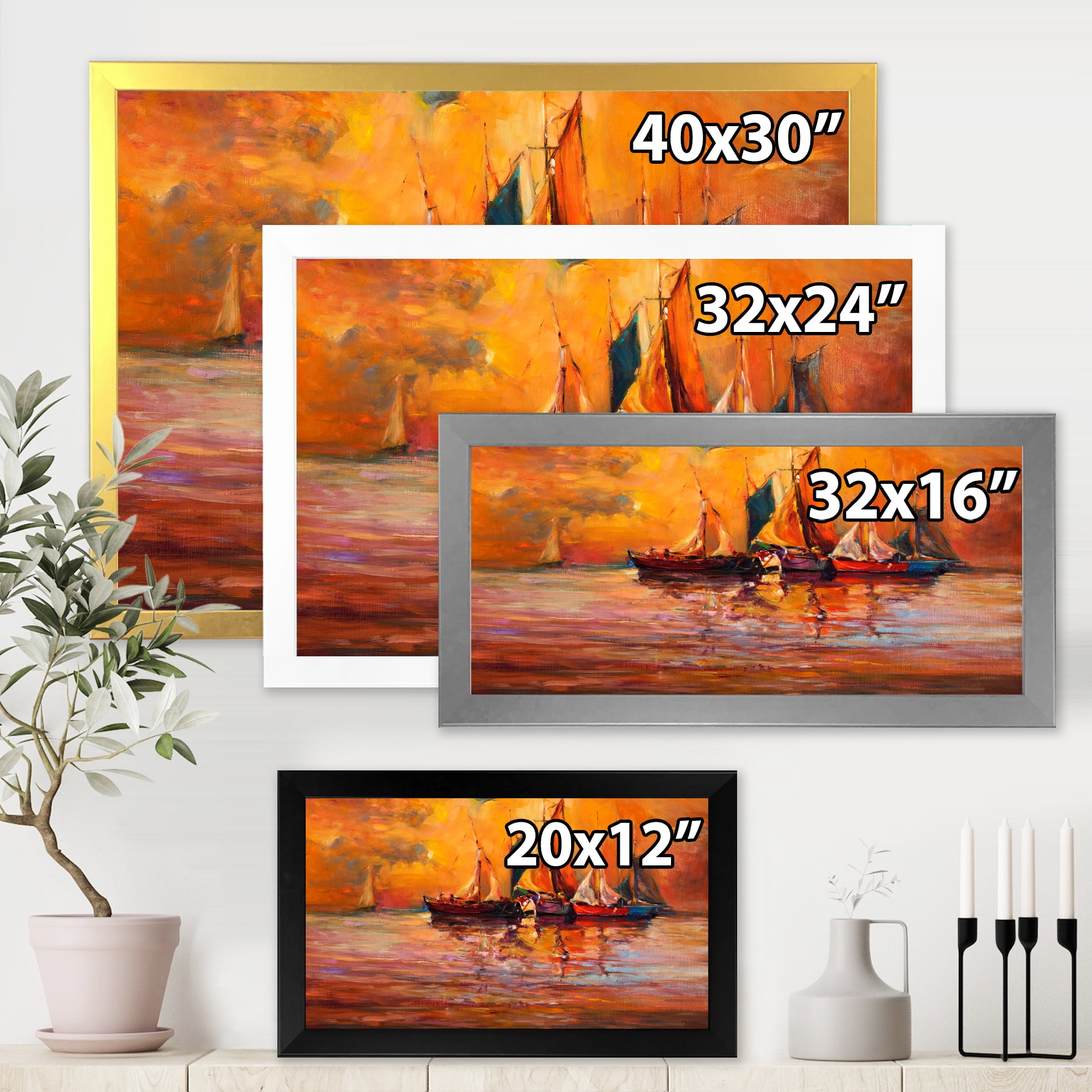 Boats During Evening Sunset In The Ocean I 20 in x 12 in Framed Painting Canvas Art Print, by Designart
