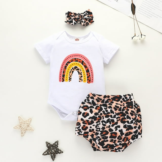 Baby Summer Outfit Girls Short Sleeve Round Neck Rainbow Print Romper+Leopard Shorts and Headband Set