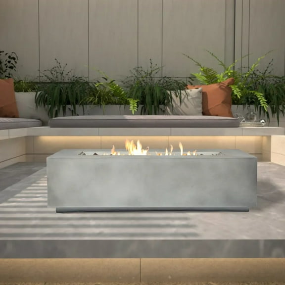 Rectangular Concrete Propane Fire Pit Table - Outdoor Smokeless Patio Heater with Lava Rocks, Waterproof Cover & Adjustable Flame