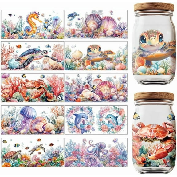 10 Sheets UV DTF Cup Wraps 10 Styles Ocean Theme Decals Cartoon Rub on Decals Waterproof Transfer Stickers