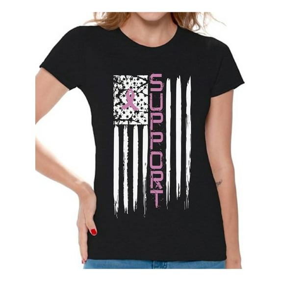 Awkward Styles Cancer Shirts Cancer Flag Tshirt Breast Cancer Awareness Women's Shirt Pink Ribbon Flag T Shirt Gifts for Cancer Survivor Pink Cancer Flag Tshirt Cancer Support Flag T-Shirt for Women