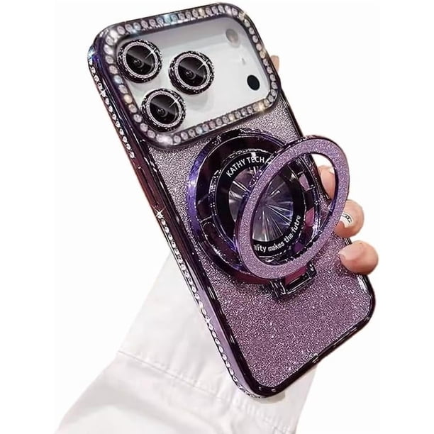 Funda para teléfono con purpurina brillante compatible con iPhone 17 Pro Max, protector de lente de cámara con soporte, cubierta suave con diamantes de imitación brillantes