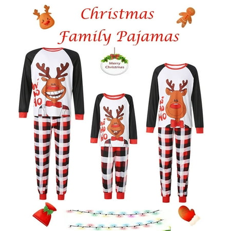 

Christmas Matching Family Pajamas Set Elk Letter Printing Red Plaid Pants Long Sleeve Round Collar Sleepwear