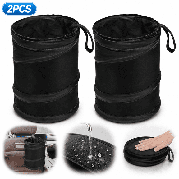 Car Trash Can, 2 Packs Mini Collapsible Pop-up Car Garbage Can, Waterproof Hanging Car Trash Bag with Velcro, Car Trash Bin, Black