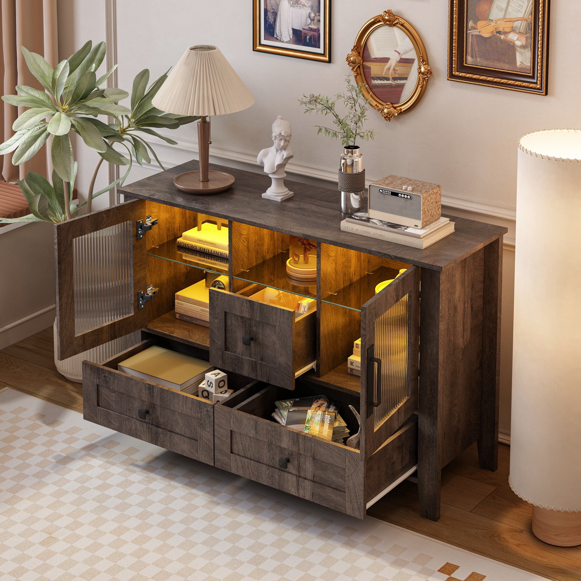 PORKISS Sideboard Cabinet, Modern Sideboard Buffet Cabinet with Lights and Drawers, Coffee Bar Cabinet with Glass Doors and Shelves, Wood Storage Cabinet for Kitchen, Hallway, Gray