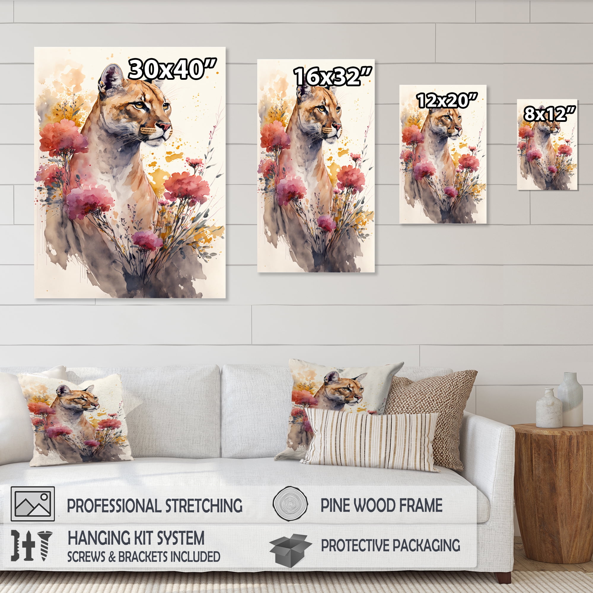Free Shipping! Designart Cute Puma Floral Canvas Wall Art