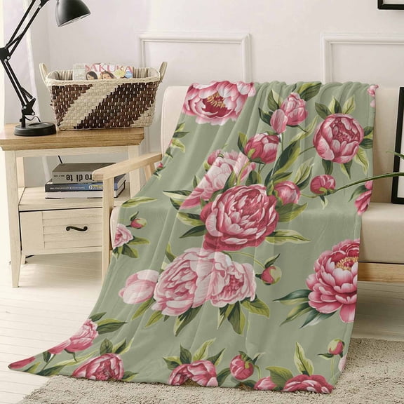 Fleece Blanket Abstract Pink Flowers on Green Blankets, Soft Cozy Warm Flannel Throw Blanket, Farm Floral Art Blanket for Bed Couch Sofa,40x50In