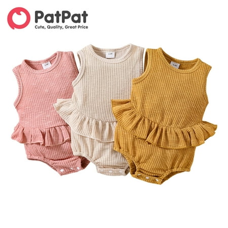 

PatPat Newborn Baby Girl Clothes Bodysuits & One-pieces Solid Ribbed Ruffle Trim Tank Jumpsuit Romper 0 to 12 months