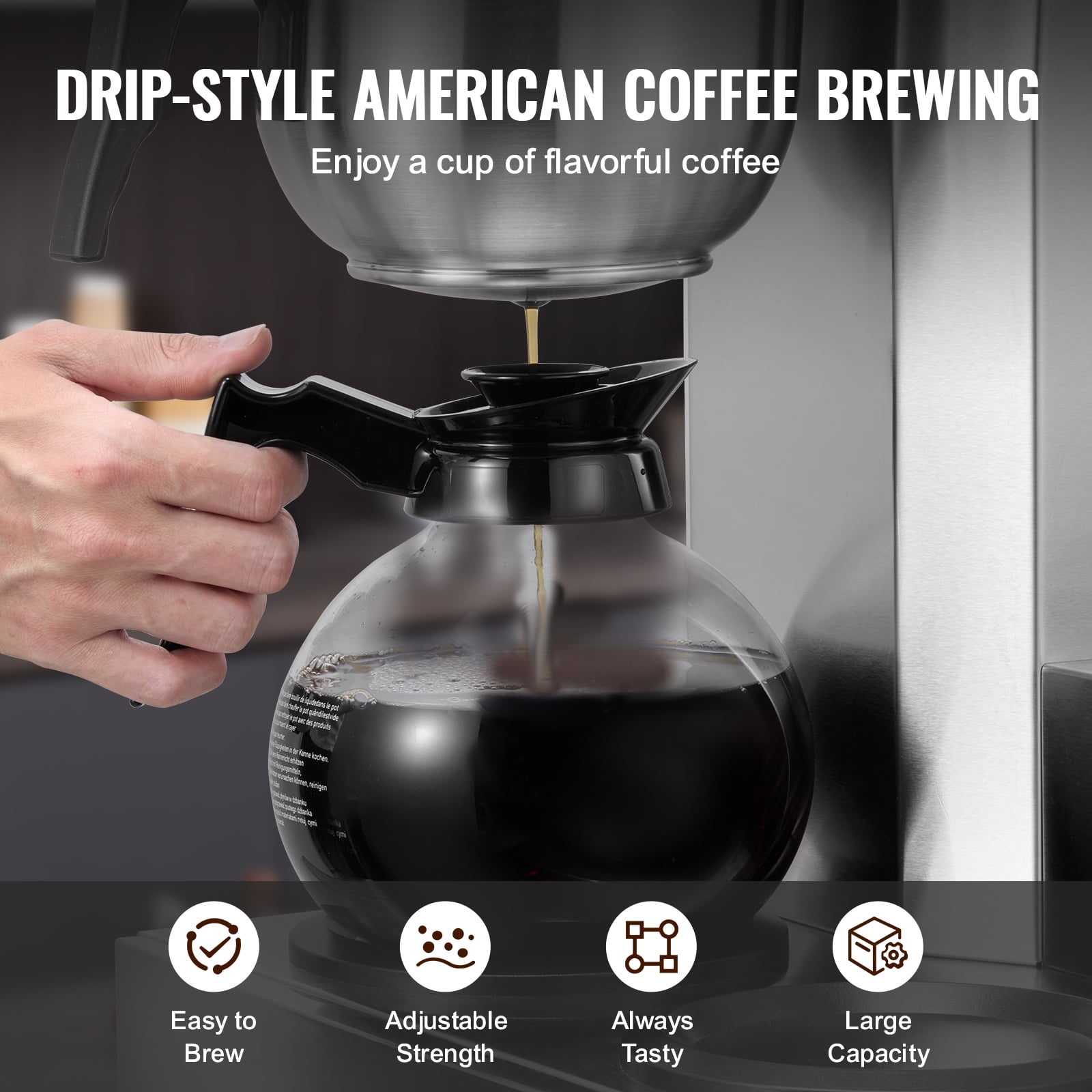 VEVOR 12 Cups Commercial Drip Coffee Maker, Coffee Maker Machine with 3 Glass Carafes and 3 Warmer Plates, Stainless Steel Pour Over Coffee Brewer with Auto Water Intake, for Restaurant Office Cafe