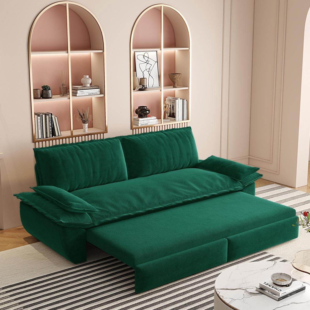 73.2" Queen Pull Out Sofa Bed, 3-in-1 Convertible Sleeper Sofa, Multi-Functional Velvet Loveseat Bed for Living Room, Bedroom, Apartment, Office
