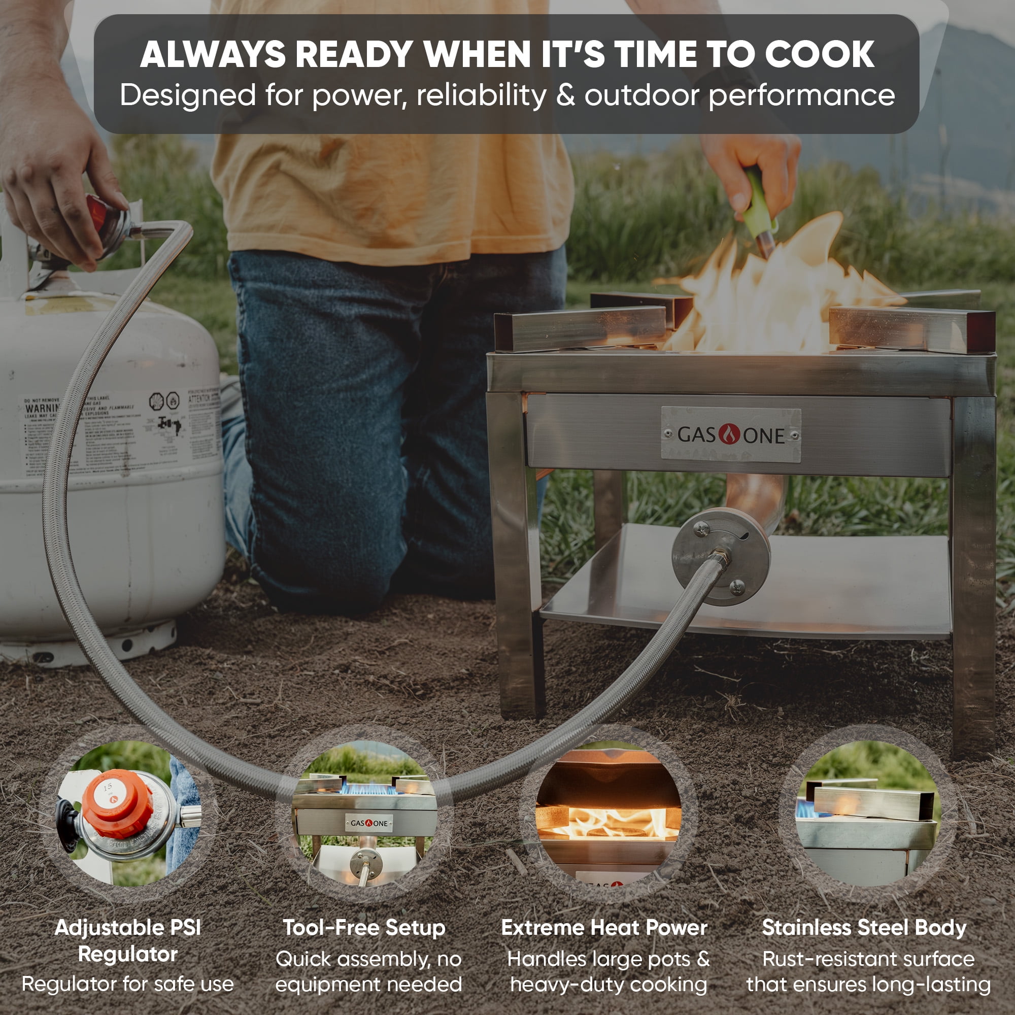 GasOne Stainless Steel Propane Burner Cooker With Regulator with Steel Braided Hose For Outdoor Cooking, Turkey Fry